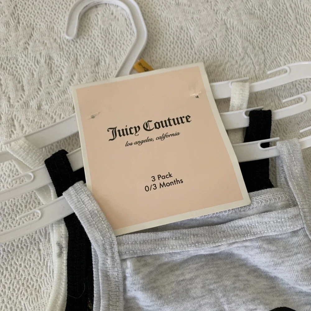 Juicy Couture Baby Girl 3 Piece Tank‎ Top Bodysuit Set~Black, Gray, Ivory & Gold